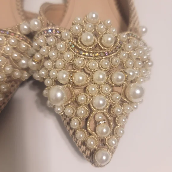 Pearl Embellished Pointed Toe Slip On Shoes Sophisticated Tan Tweed Flats 7.5 - Picture 7 of 14